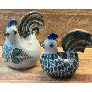 2 Erandi Tonala Mexican Stoneware Folk Art signed Chickens Hand Crafted Vintage